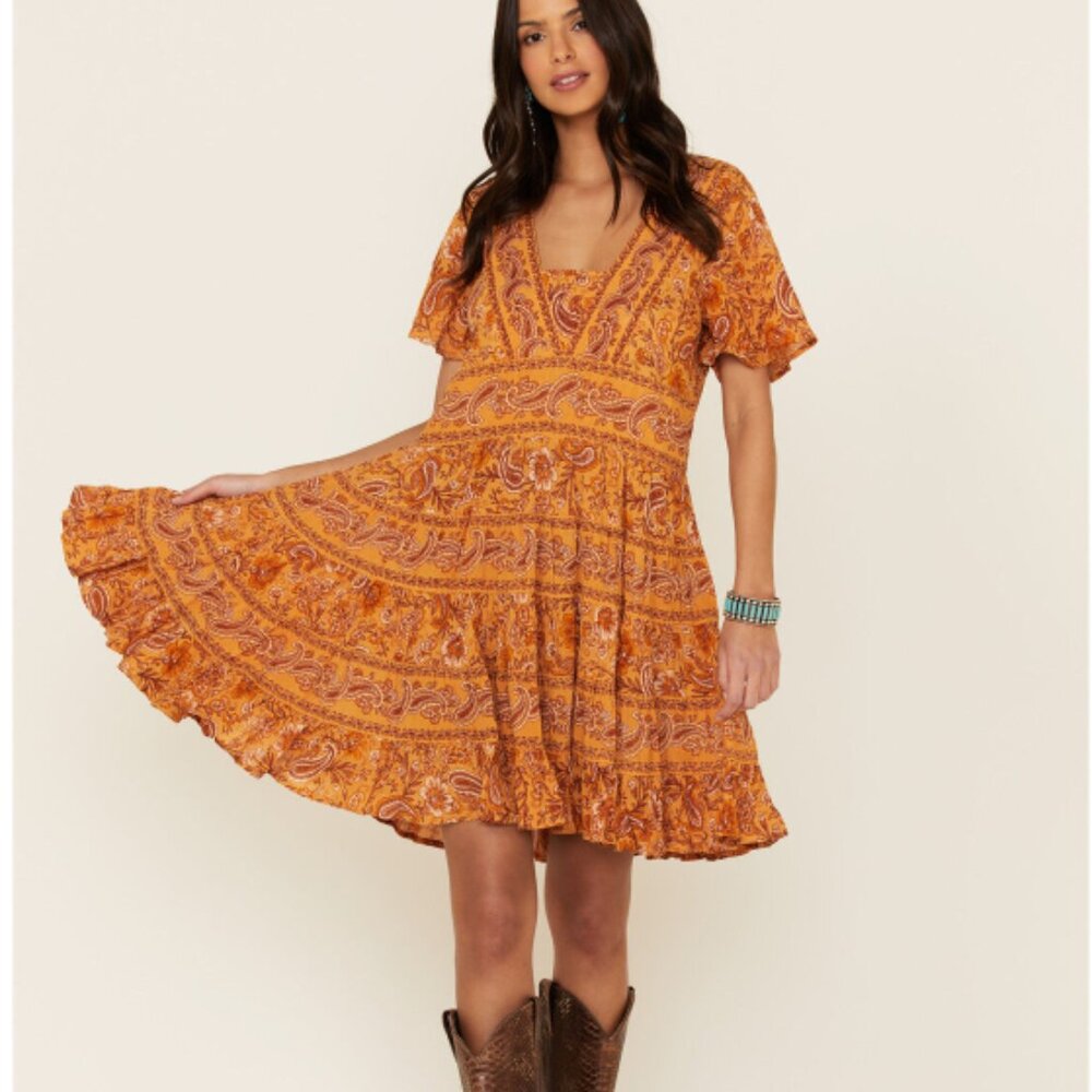 Patrons of Peace Toluca Border V-neck Boho Print Mini Dress Orange Yellow Size M